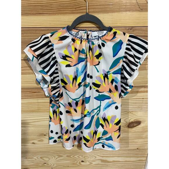 Crosby by Mollie Burch Flutter Cap Sleeve Zoe Top Island Lillies Mixed Print, XS - Picture 3 of 8